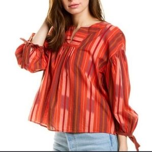 🔥MADEWELL‎ Ikat Peasent Red/Orange Aztec Striped Tie Sleeve Popover Vneck Top S